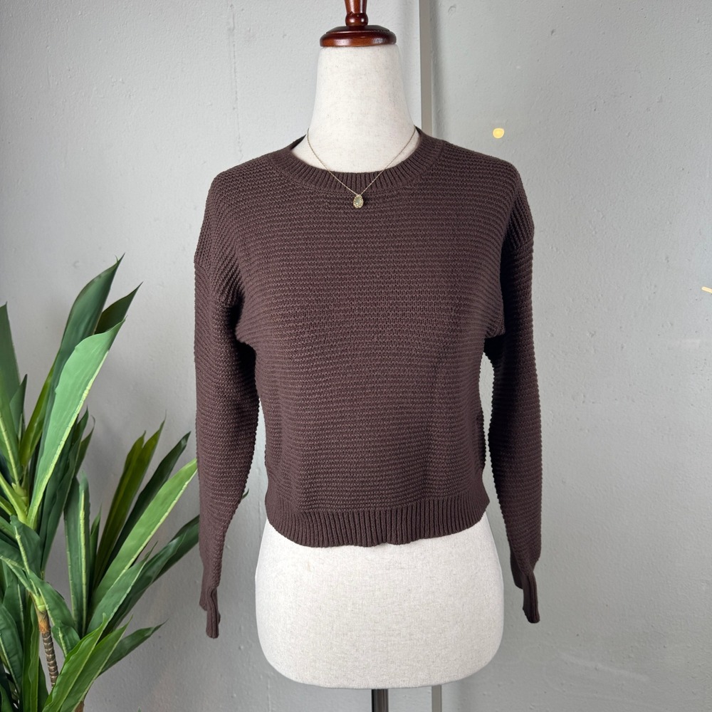 Y2K Granola Earthy Minimalist Waffle Knit Chunky Brown Cropped Sweater Small